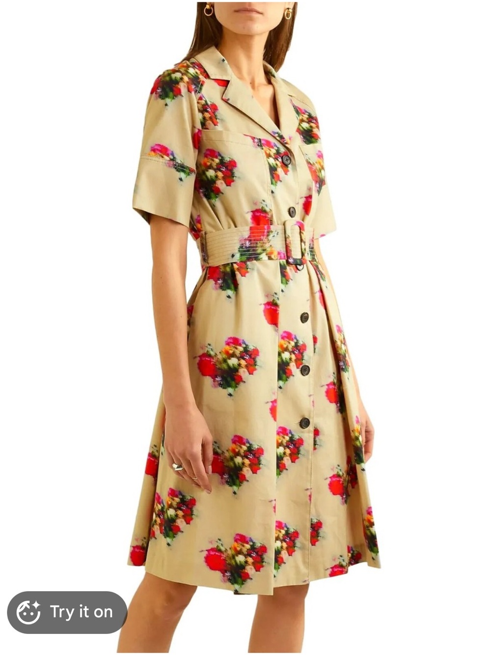 Adam Lippes Women’s Beige Belted Floral Short Sleeve Collared Dress